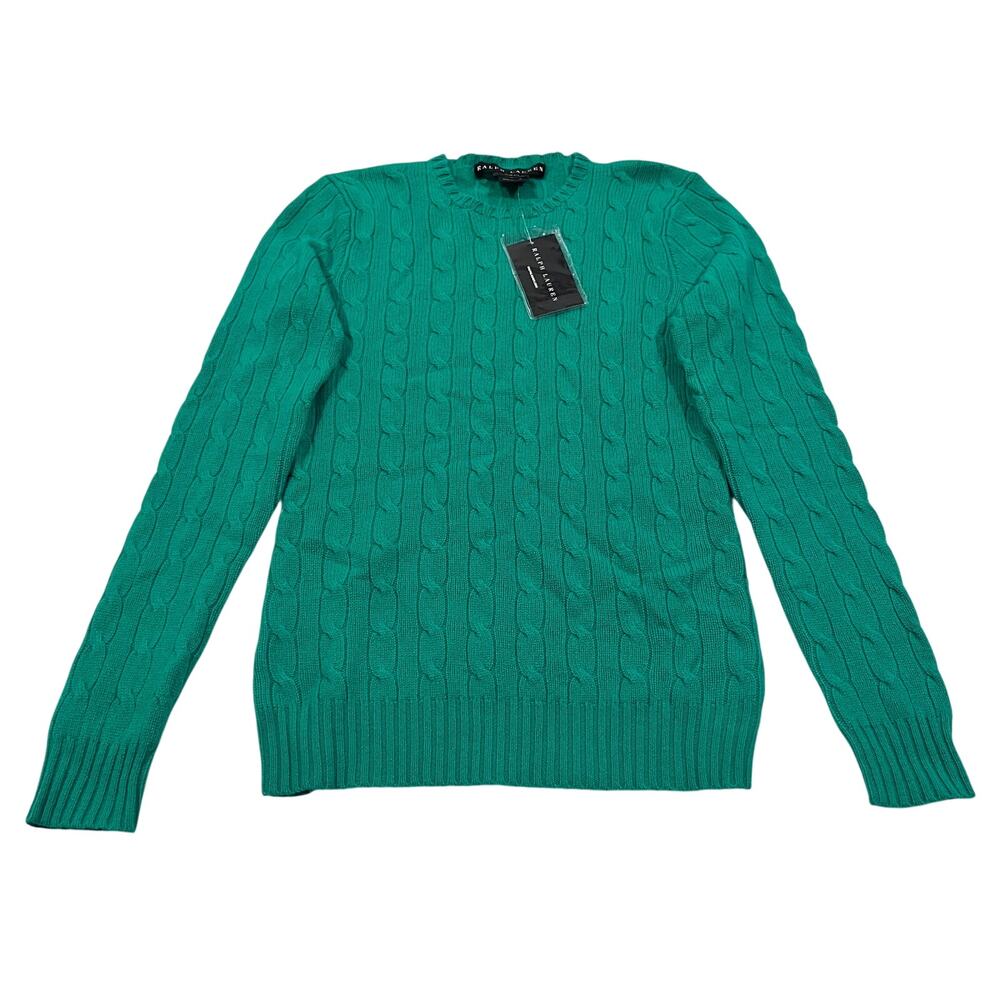 RALPH LAUREN NWT $425 100% Cashmere Cable Knit Slim Fit Crewneck Sweater Green M